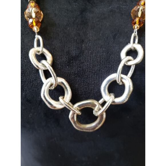 Women Vintage Amber Beaded Necklace with Large Link Chain and Toggle Clasp - Picture 3 of 7